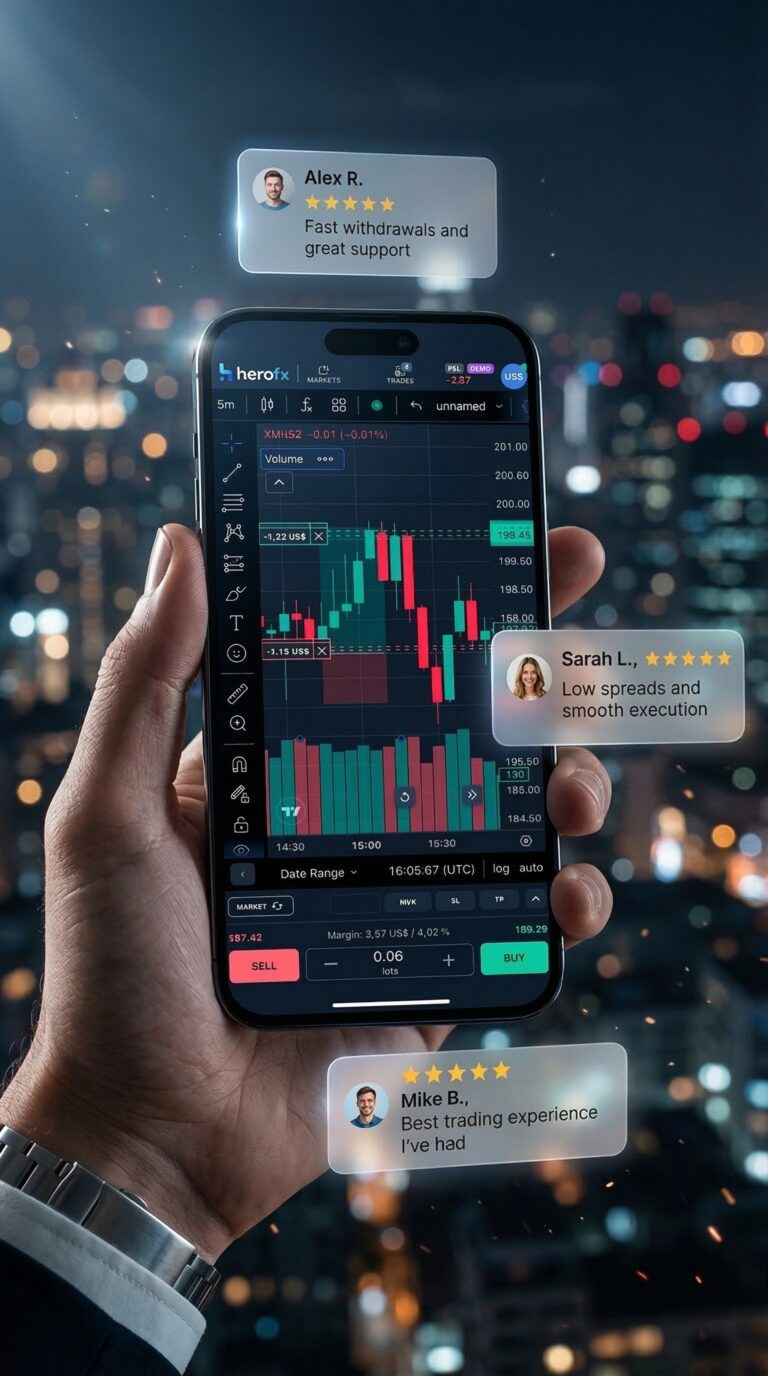 HeroFX trading platform review &mdash; mobile app on TradeLocker showing live trading dashboard with positive results