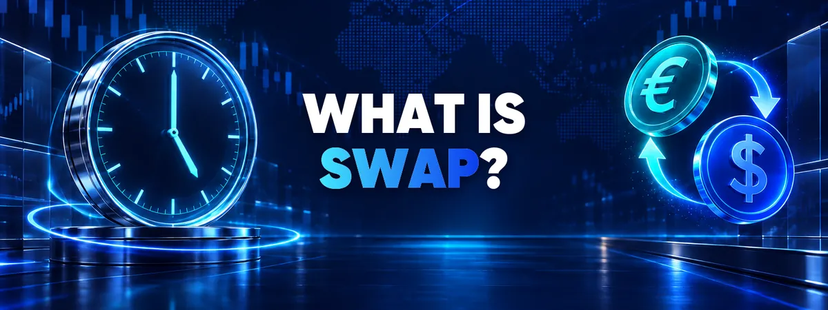 What is swap in forex &mdash; guide cover with a glowing clock at the daily rollover, a calendar marking Wednesday and two currency coins