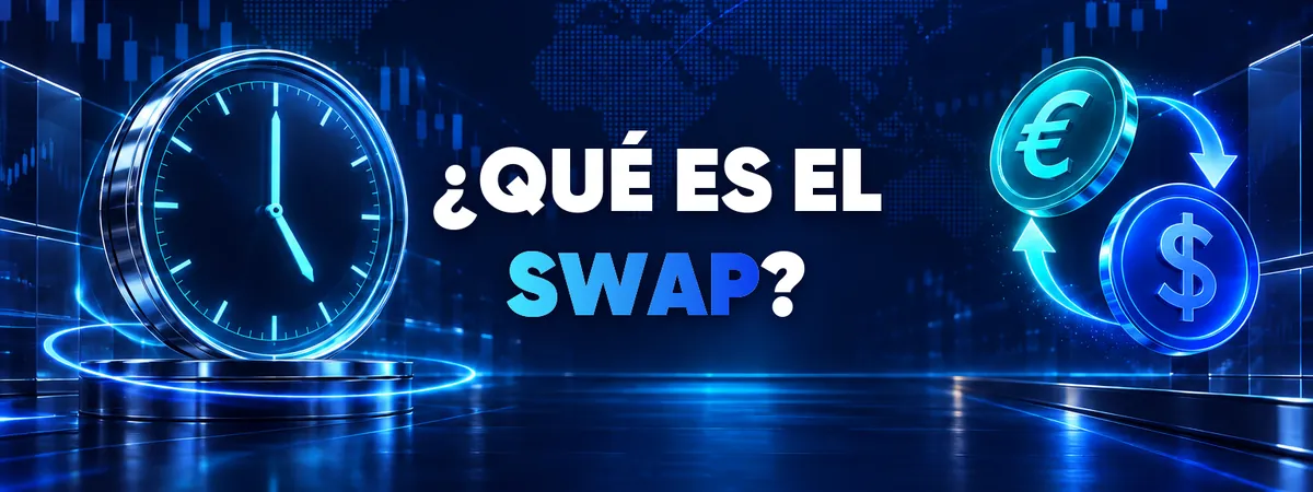 Qu&eacute; es el swap en forex &mdash; portada de la gu&iacute;a con un reloj luminoso en el rollover diario, un calendario que marca el mi&eacute;rcoles y dos monedas