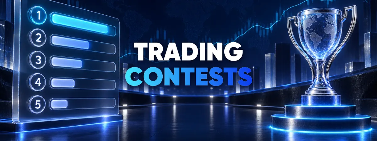 How forex trading contests work &mdash; guide cover with a glowing leaderboard, a glass trophy and a candlestick chart
