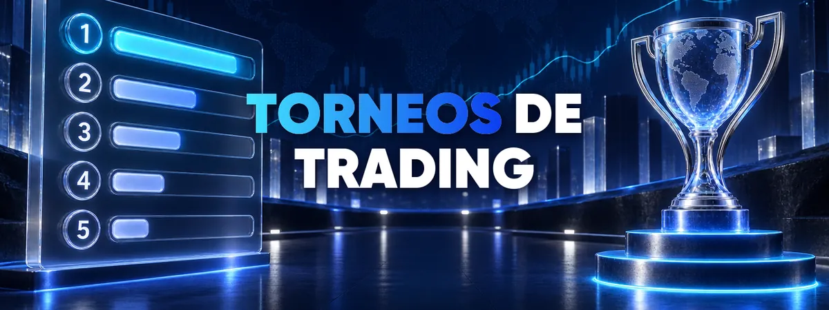 C&oacute;mo funcionan los torneos de trading forex &mdash; portada de la gu&iacute;a con una clasificaci&oacute;n luminosa, un trofeo de cristal y un gr&aacute;fico de velas