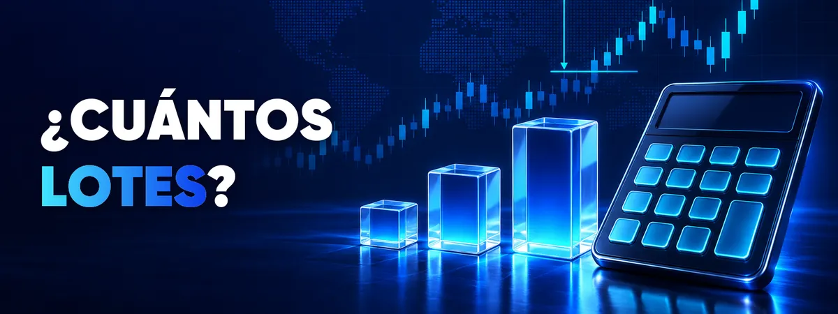 C&oacute;mo calcular el tama&ntilde;o de posici&oacute;n en forex &mdash; portada con una calculadora en 3D, bloques de lotes y un gr&aacute;fico de velas con una l&iacute;nea de stop loss