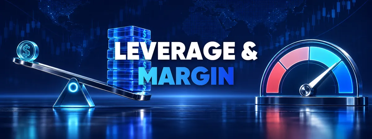 Leverage and margin in forex &mdash; guide cover with a lever lifting a stack of currency blocks next to a margin level gauge