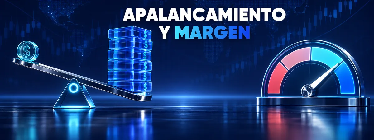 Apalancamiento y margen en forex &mdash; portada de la gu&iacute;a con una palanca que levanta bloques de divisas junto a un indicador de nivel de margen