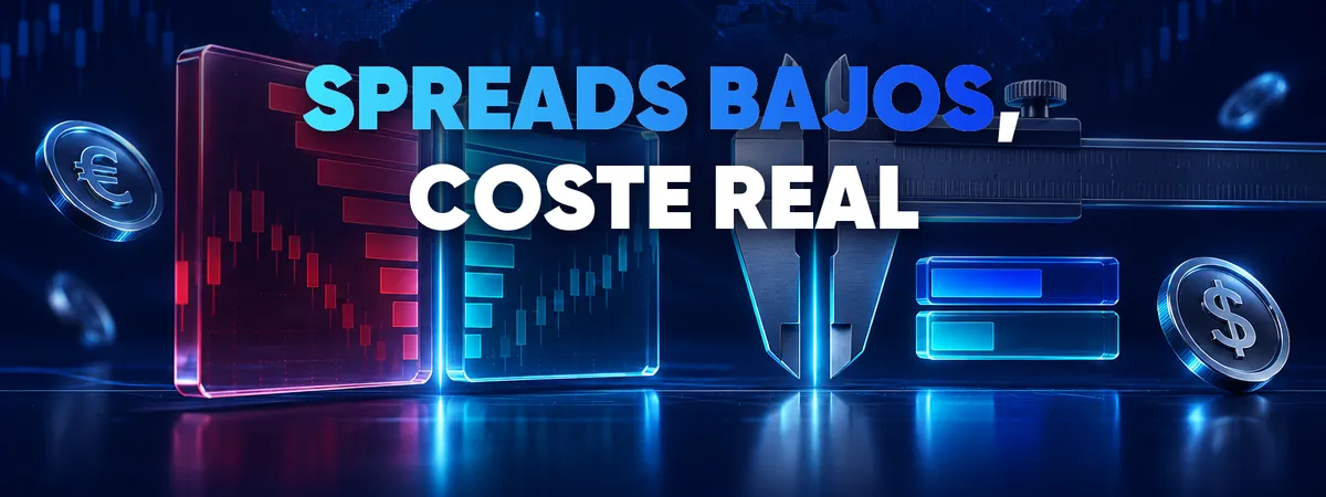 Mejores brokers de forex con spreads bajos &mdash; portada con un panel de cotizaci&oacute;n bid y ask y un indicador de spread que se estrecha