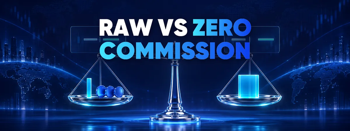 Raw spread vs zero commission &mdash; guide cover with a balance scale weighing a tight spread plus commission against a wider spread