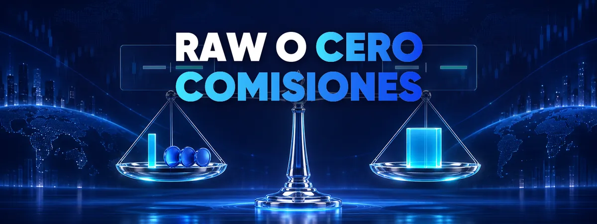 Raw spread o cero comisiones &mdash; portada con una balanza que compara un spread ajustado m&aacute;s comisi&oacute;n con un spread m&aacute;s amplio
