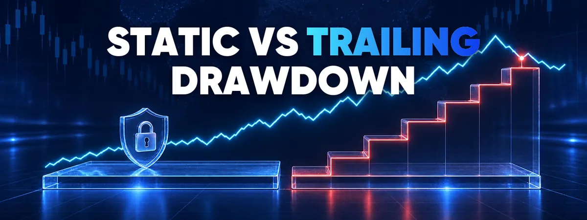 Static vs trailing drawdown &mdash; illustration of a fixed account floor and a rising stepped floor under an equity curve