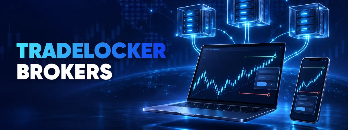 TradeLocker brokers &mdash; illustrated guide cover with a trading platform on a laptop and a phone