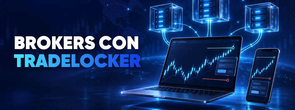 Brokers con TradeLocker &mdash; portada ilustrada con una plataforma de trading en una computadora port&aacute;til y un tel&eacute;fono